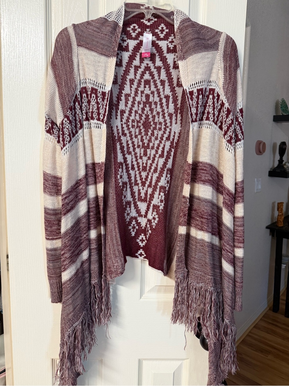 No Boundaries Cream & Burgundy Fringe Open-Front Cardigan
